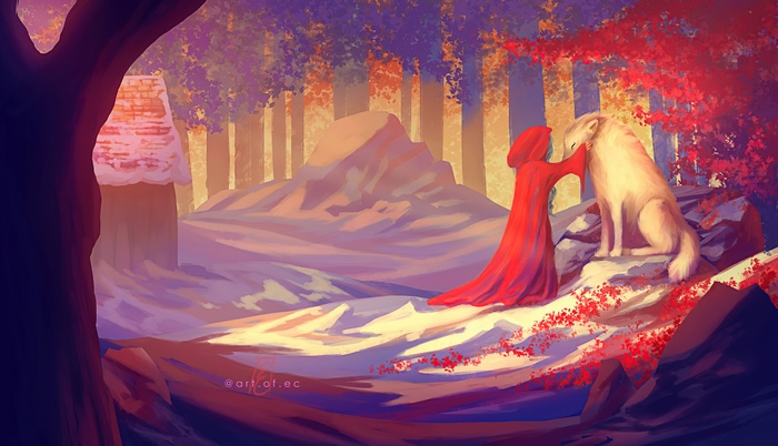 Little Red Riding Hood and wolf in a forest