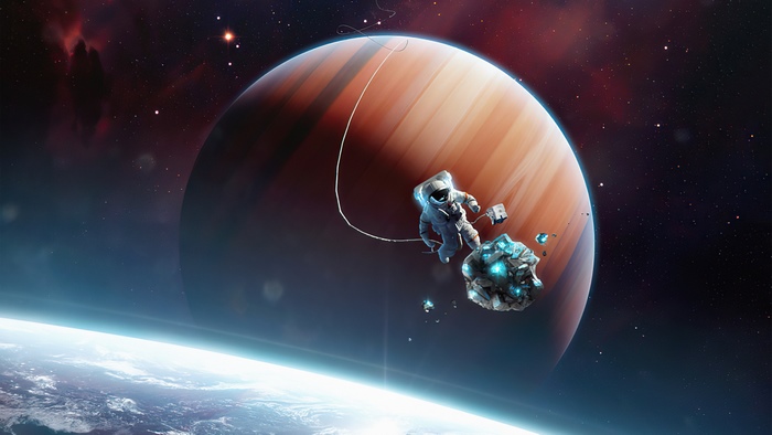 Astronaut exploring space near a gas giant