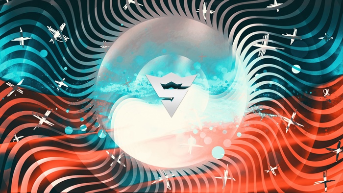 Abstract digital art with waves and a logo