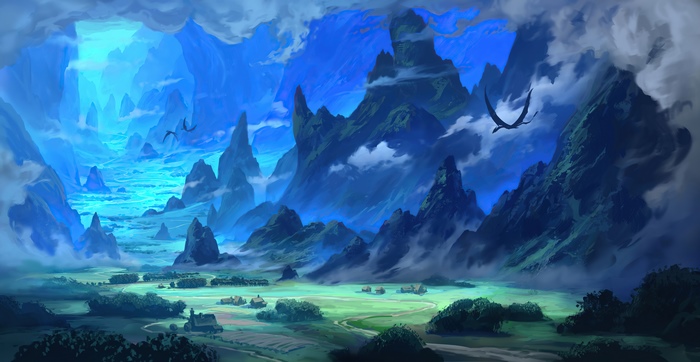 Fantasy landscape with mountains and dragons