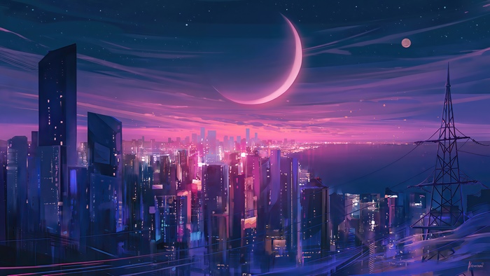 Synthwave Cityscape with Crescent Moon and Tower