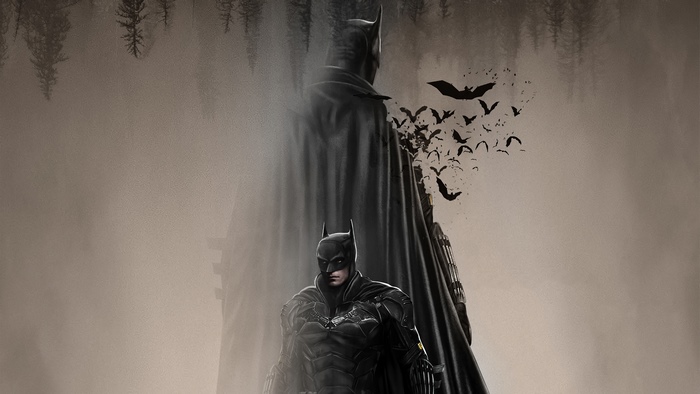 The Batman with bats flying around him