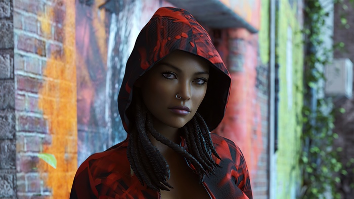 Woman in a red hooded jacket with graffiti background