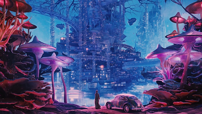Surreal Mushroom Cityscape with Vintage Car