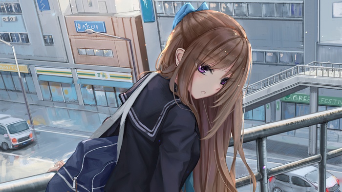 Anime girl with brown hair and purple eyes