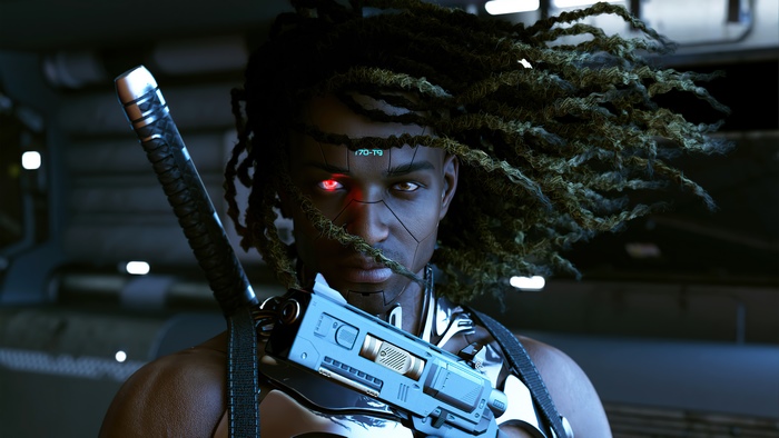 Cyborg with dreadlocks and a gun
