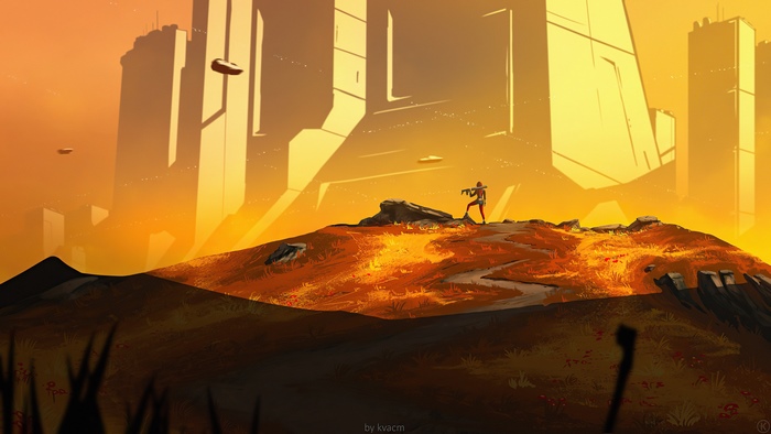 Man with rifle on hill with futuristic city and flying vehicles