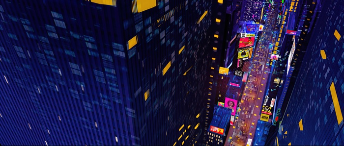 Animated cityscape with glowing billboards