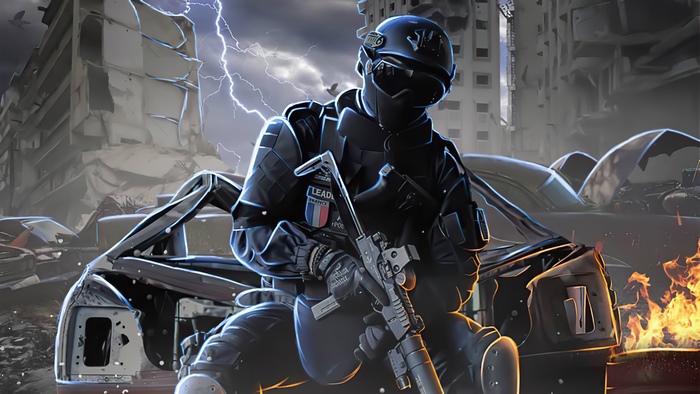 Cyberpunk Police Officer in Ruined City