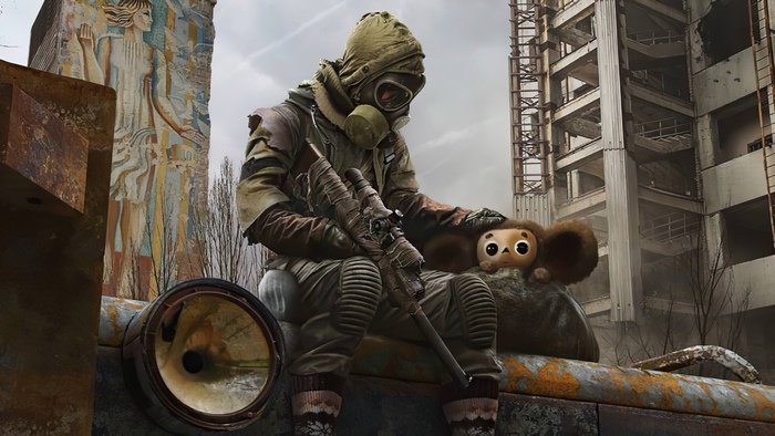 Post-apocalyptic soldier with Cheburashka and sniper rifle