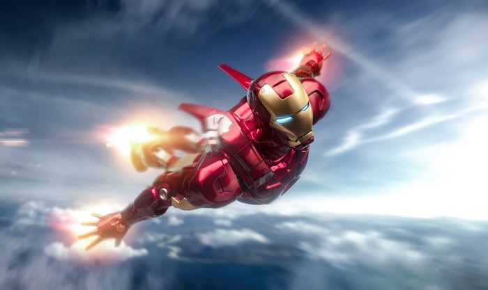 Iron Man flying through clouds