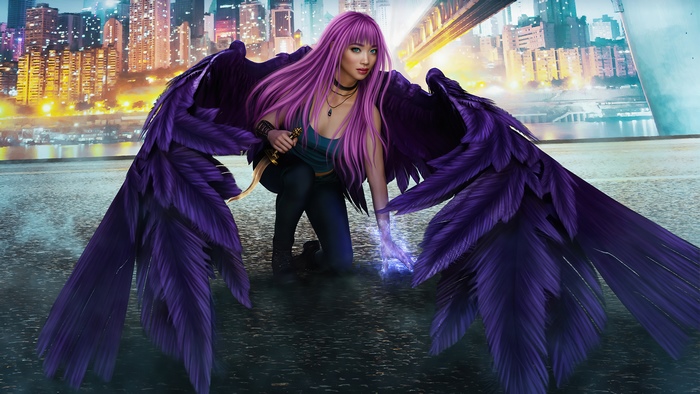 Woman with purple wings and dagger