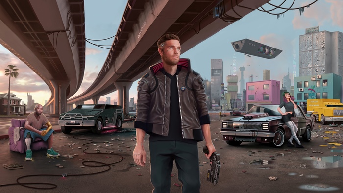 Cyberpunk 2077 characters in a futuristic city