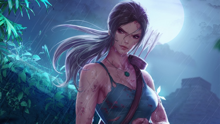 Lara Croft from Tomb Raider in the rain