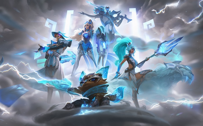 League of Legends characters in a stormy sky