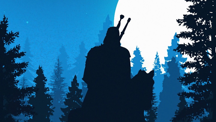 Geralt and wolf silhouette against moon and forest