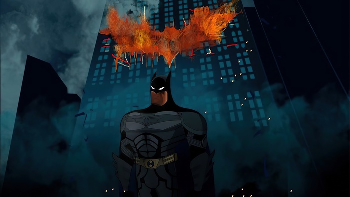 Batman in front of a burning Bat-Signal on a skyscraper