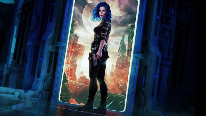 Sci-fi woman with blue hair holding a gun