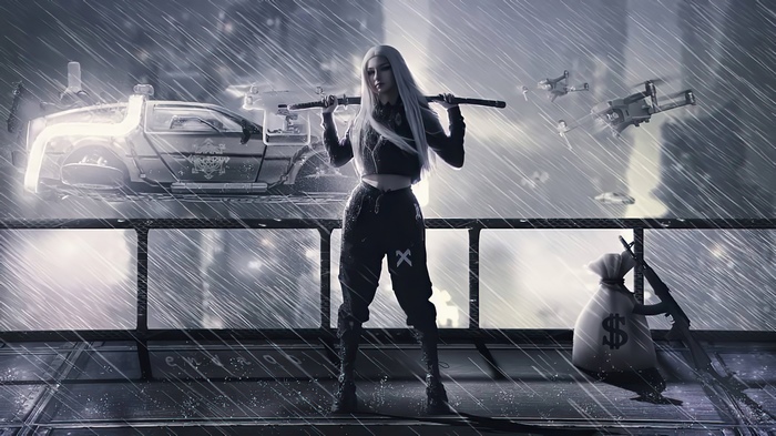 Samurai woman with swords in a rainy cyberpunk city