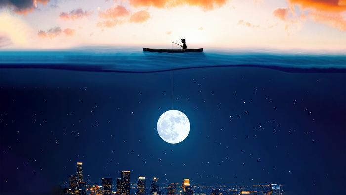 Man fishing for the moon in a canoe