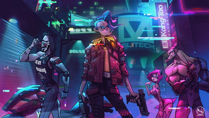 Cyberpunk 2077 characters in a neon city