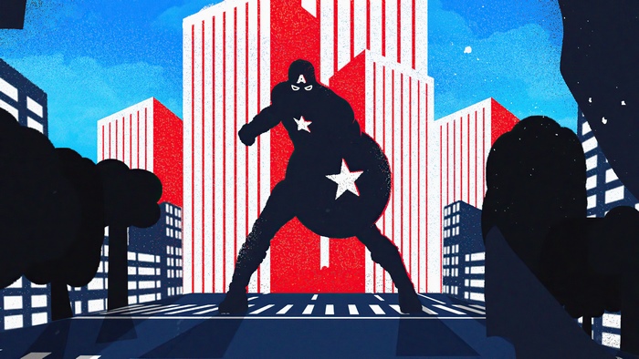 Captain America in a minimalist city skyline