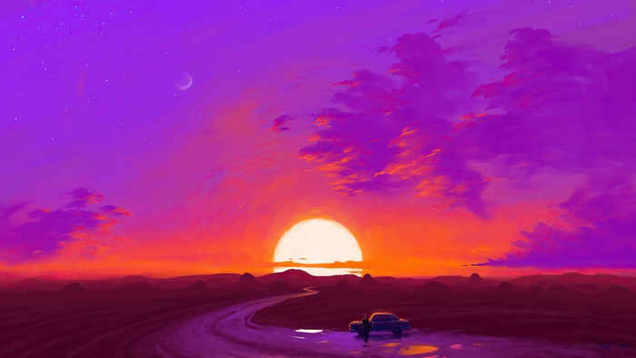Digital art of a sunset with a car and two people