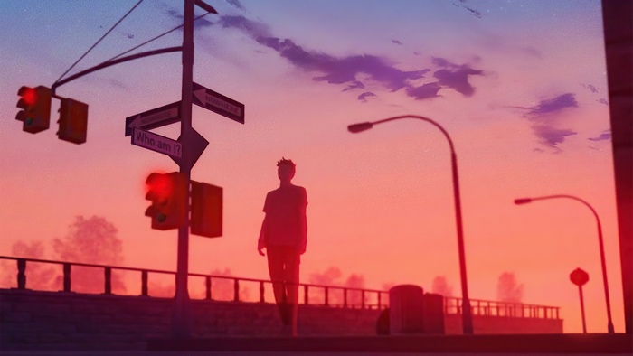 Man walking at sunset with street signs