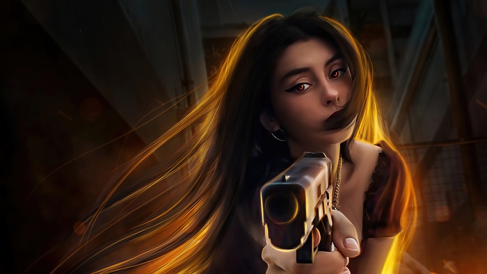 Artwork of a woman holding a gun