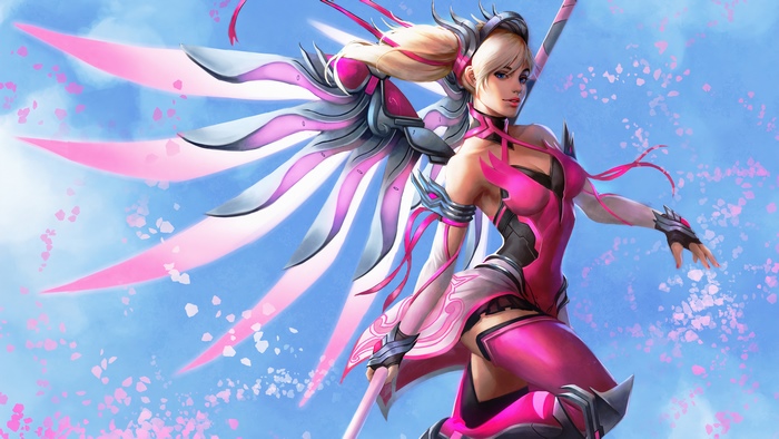 Mercy from Overwatch with pink wings