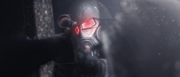 Man in gas mask with red eyes aiming sniper rifle