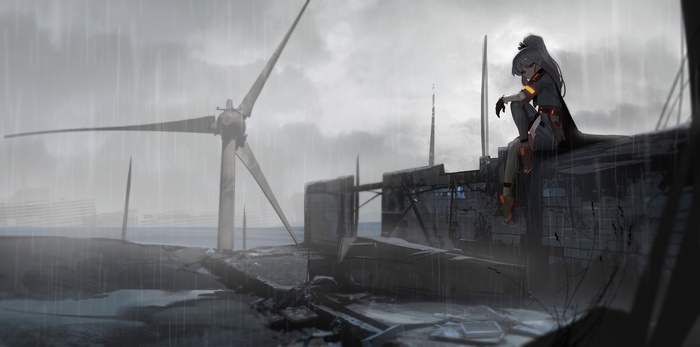 Anime girl sitting on a ruined structure in the rain