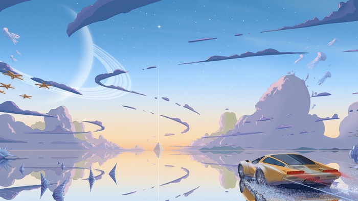 Sci-fi car driving on water with alien planet and jellyfish