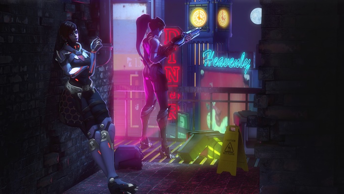 Sombra and Widowmaker from Overwatch in a neon-lit alley