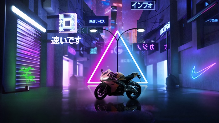 Motorcycle in a neon-lit cyberpunk city street