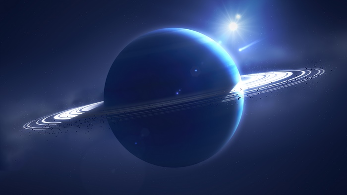 Blue planet with rings and a bright star
