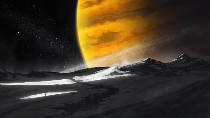 Digital art of a planet and a snowy landscape