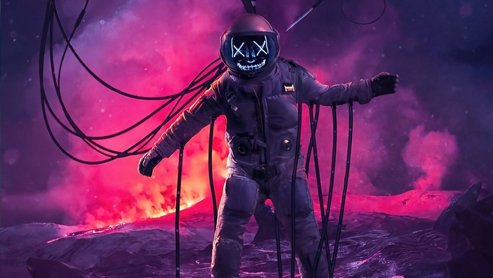 Astronaut with glowing mask and wires