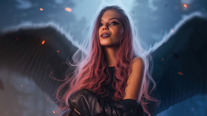 Digital art of an angel with pink hair