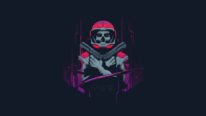 Cyberpunk astronaut with guns and skull helmet
