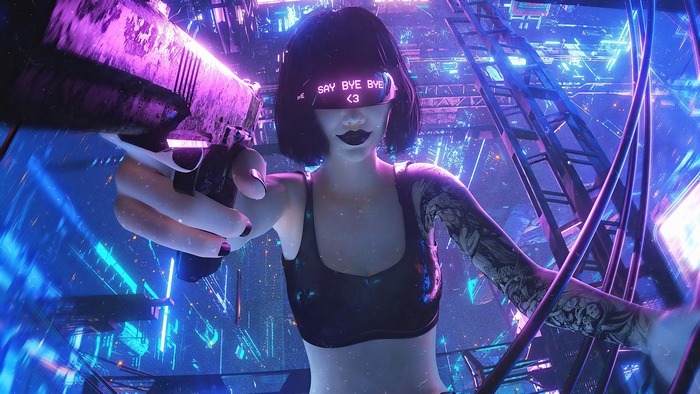 Cyberpunk woman with gun in neon city
