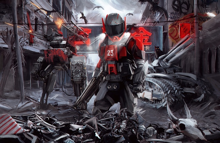 Sci-fi robot soldier in a destroyed city