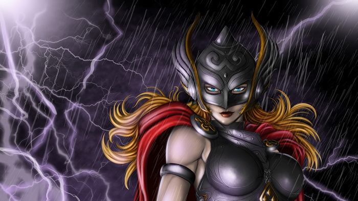 Jane Foster as Thor in a thunderstorm