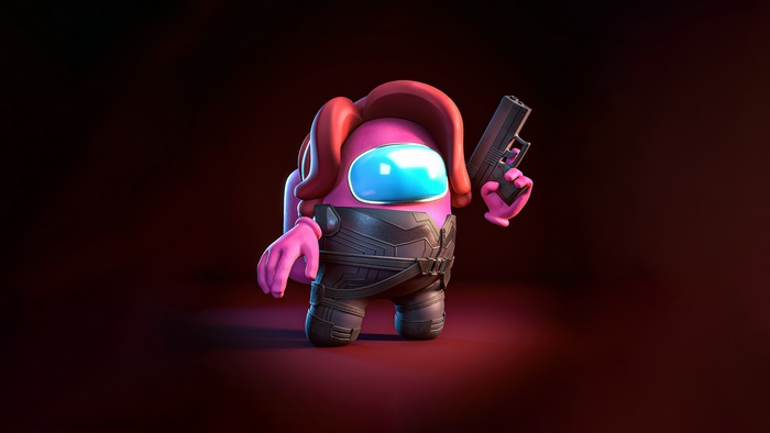 Pink Among Us character as Black Widow with gun