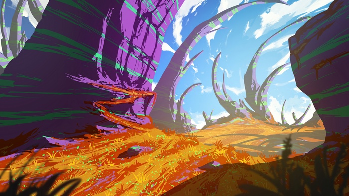 Alien Landscape with Purple and Green Structures