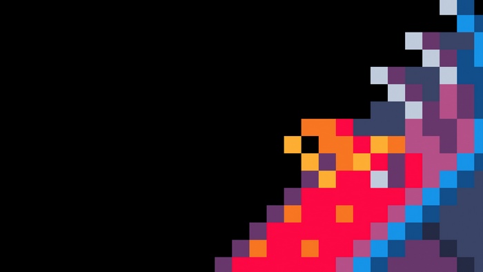 Abstract digital art with red, orange, purple, and blue pixels