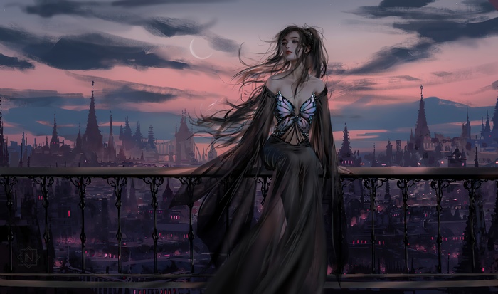 Fantasy girl in a butterfly top overlooking a city