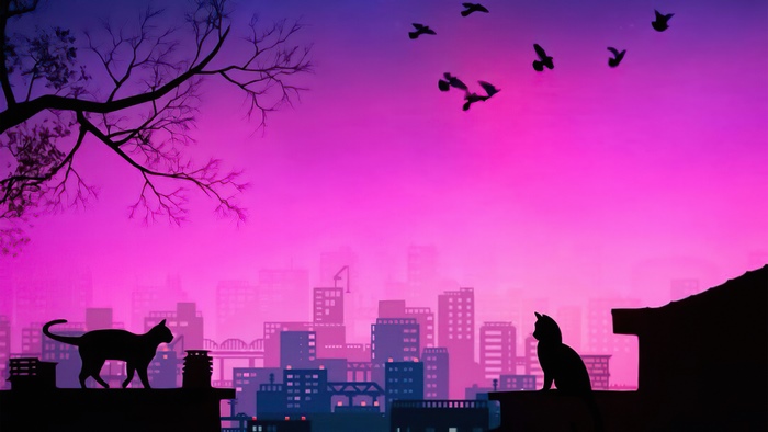 Cats on rooftops with city skyline at sunset