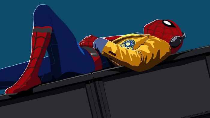 Spider-Man wearing a yellow jacket lying down