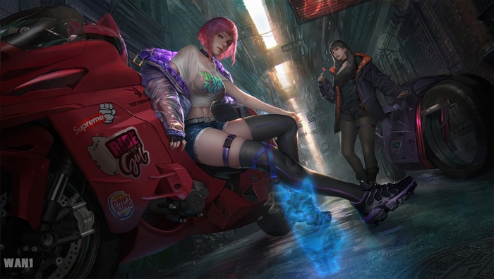 Cyberpunk girls with motorcycles